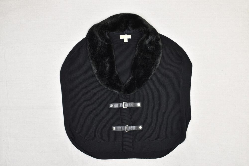 Michael Kors Sweater Cape Womens Large Black Faux Fur Collar Knit Poncho Layer